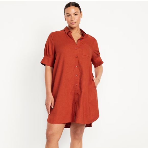 NWT OLD NAVY Linen-Blend Shirt Dress Color: Bronzed Amber SIZE MEDIUM - Picture 3 of 5